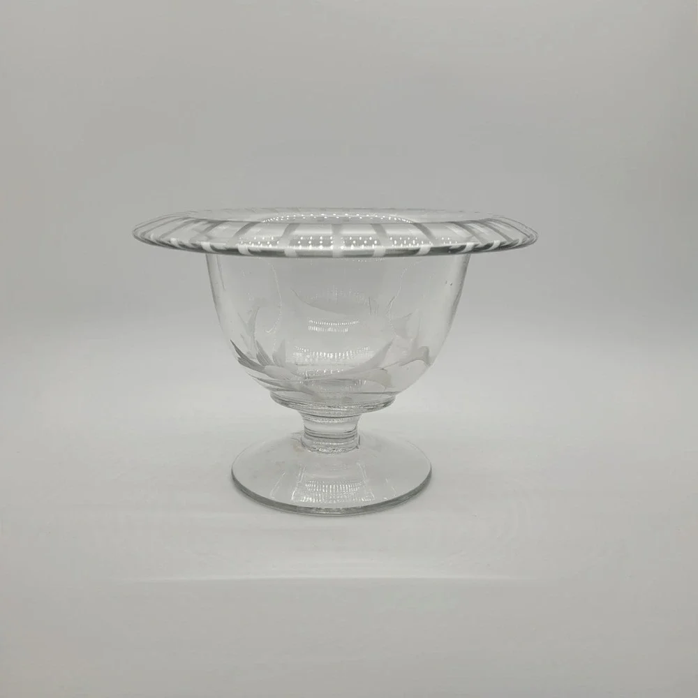 Vintage Etched Glass Footed Bowl Floral Butterfly Frosted Striped Rim Compote‎